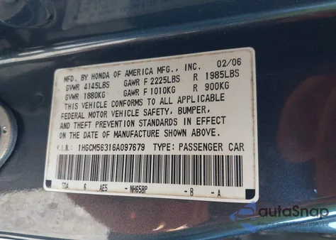 2006 Honda Accord 2.4 Se из США, поврежденный, VIN 1HGCM56316A097679
